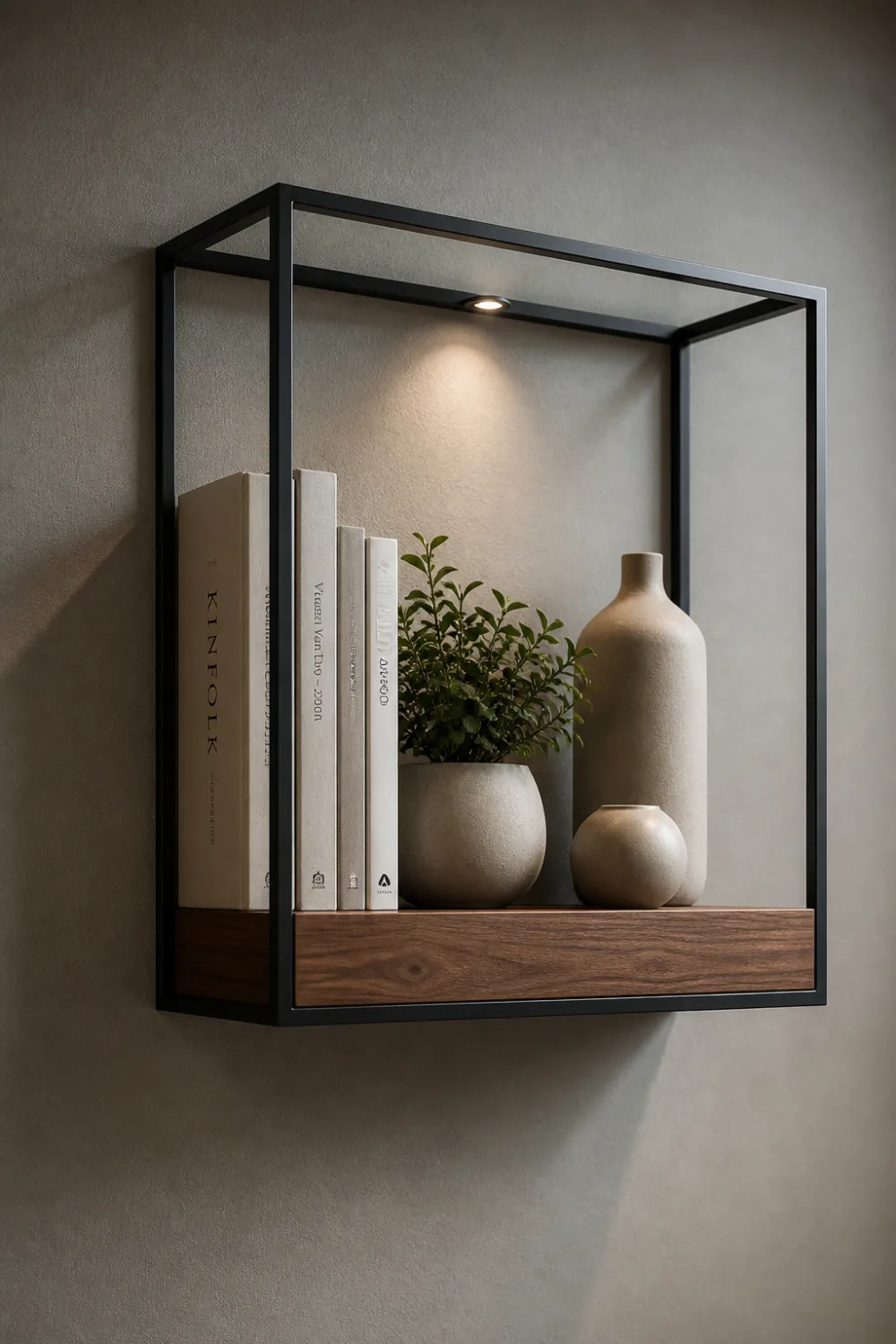 metal frame floating shelf wood base modern wall shelf with lighting contemporary decor minimal stylish DIY floating shelf design