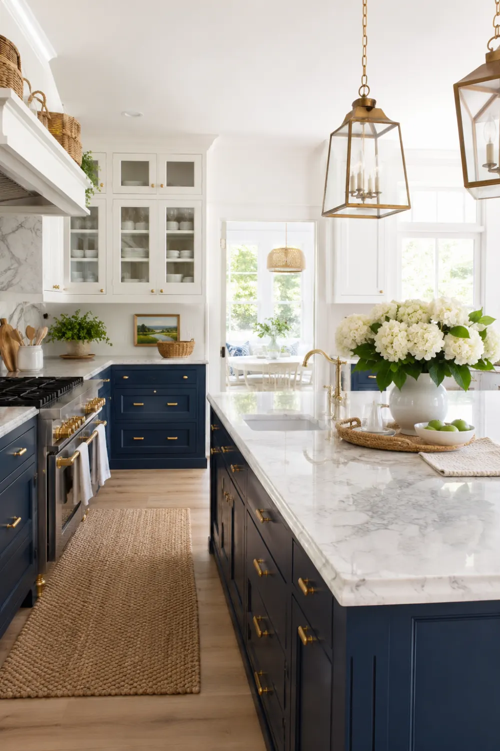 Blue and white two tone kitchen cabinets with marble countertops, brass hardware, woven textures, and bright farmhouse decor
