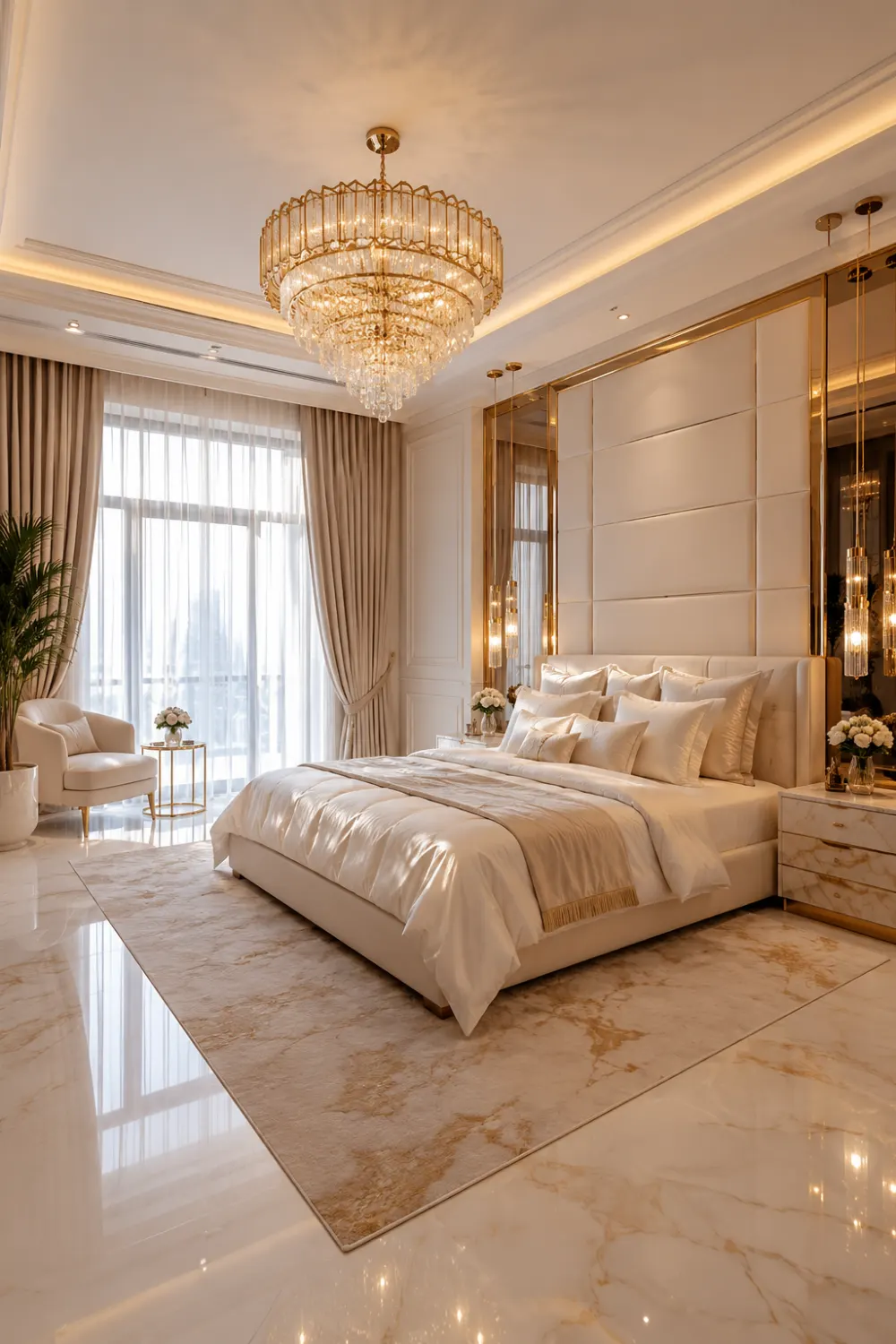 White and gold luxury suite bedroom with oversized crystal chandelier, marble flooring, tall padded headboard, layered white bedding, sheer curtains, gold decor accents, and glamorous hotel-inspired styling.