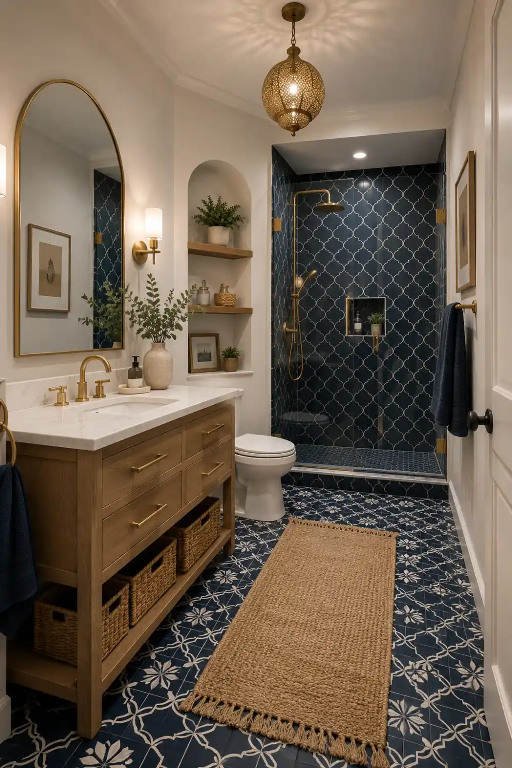 Navy patterned tile bathroom with decorative floor tiles, wood vanity, brass fixtures, woven baskets, modern shelving, warm lighting, and elegant luxury bathroom inspiration.