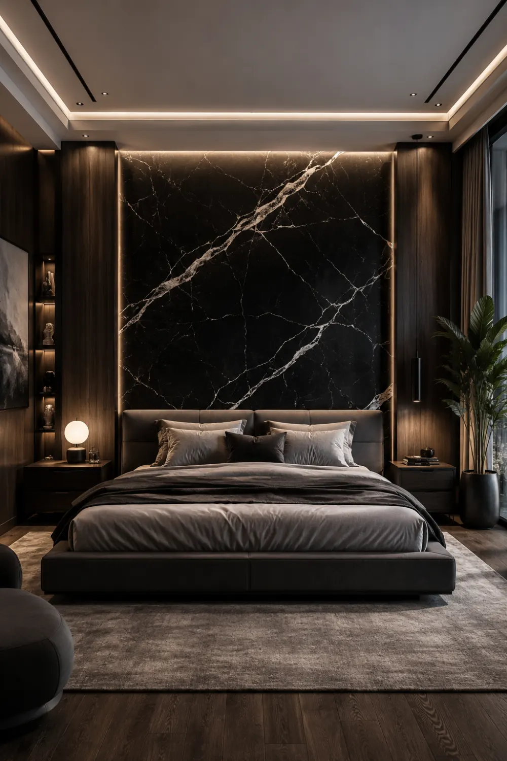 Modern minimalist bedroom with black marble slab feature wall, warm LED strip lighting, dark wood panels, sleek furniture, neutral bedding, luxury decor, contemporary styling, and upscale penthouse bedroom inspiration.