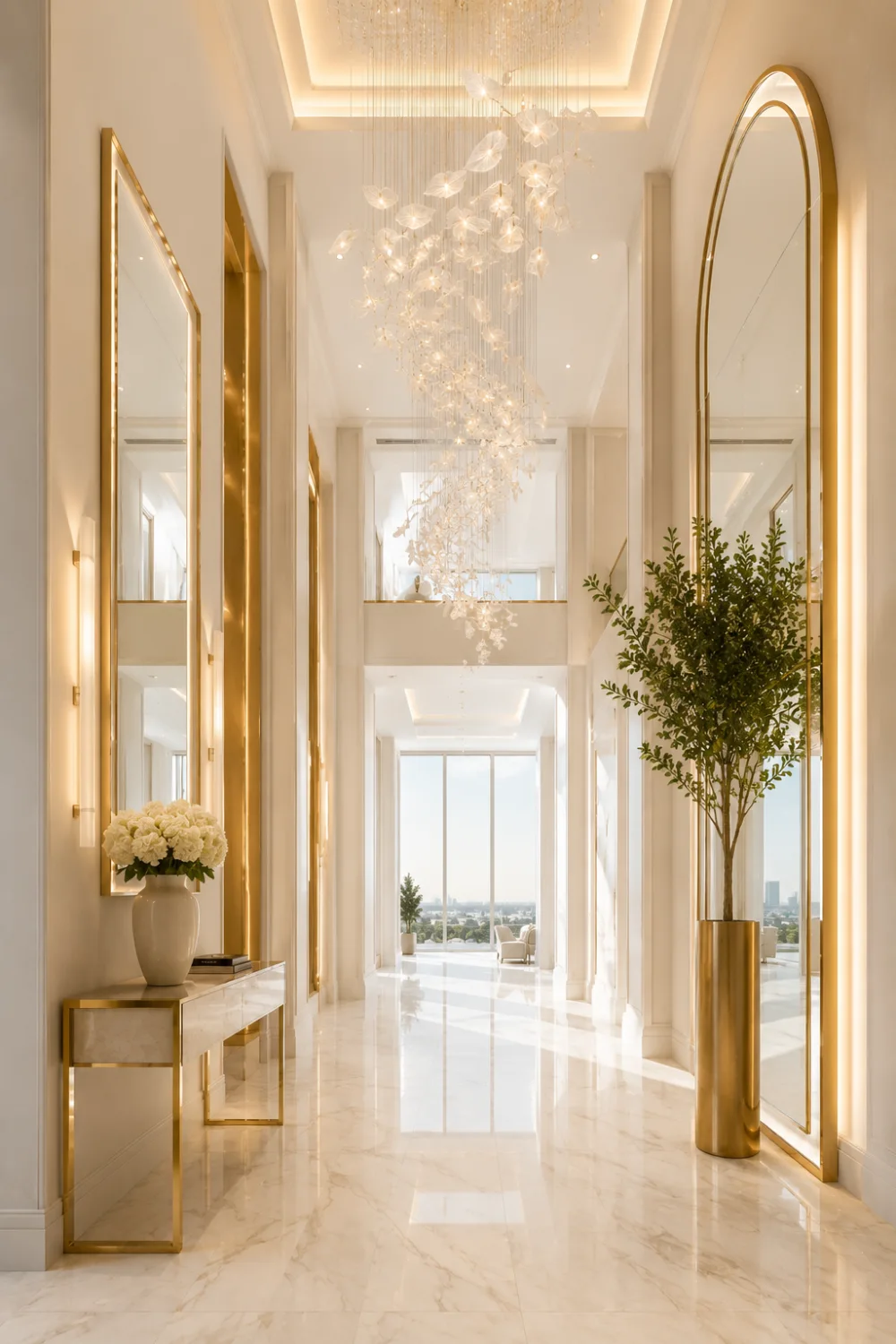 Ultra luxury entry hallway with cascading chandelier, oversized gold mirrors, glossy marble floors, tall ceilings, indoor greenery, warm lighting, and glamorous modern mansion interior design.