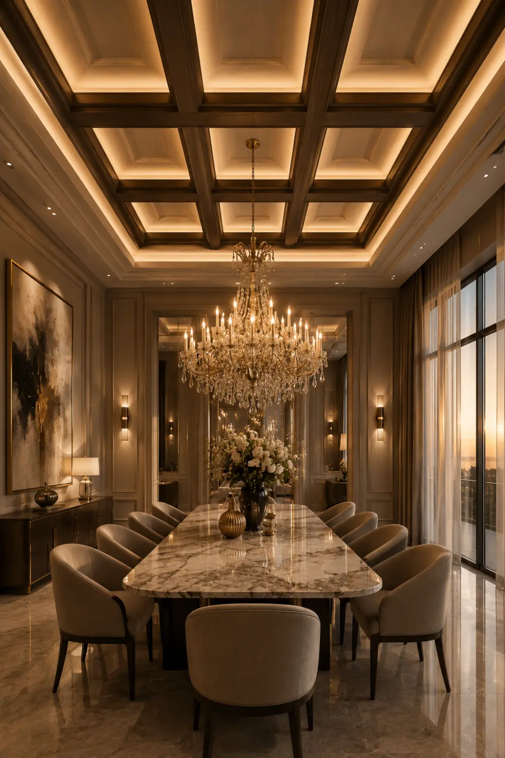 Luxury dining room with statement coffered ceiling, crystal chandelier, marble dining table, warm lighting, elegant neutral decor, and sophisticated autumn mansion interior styling.