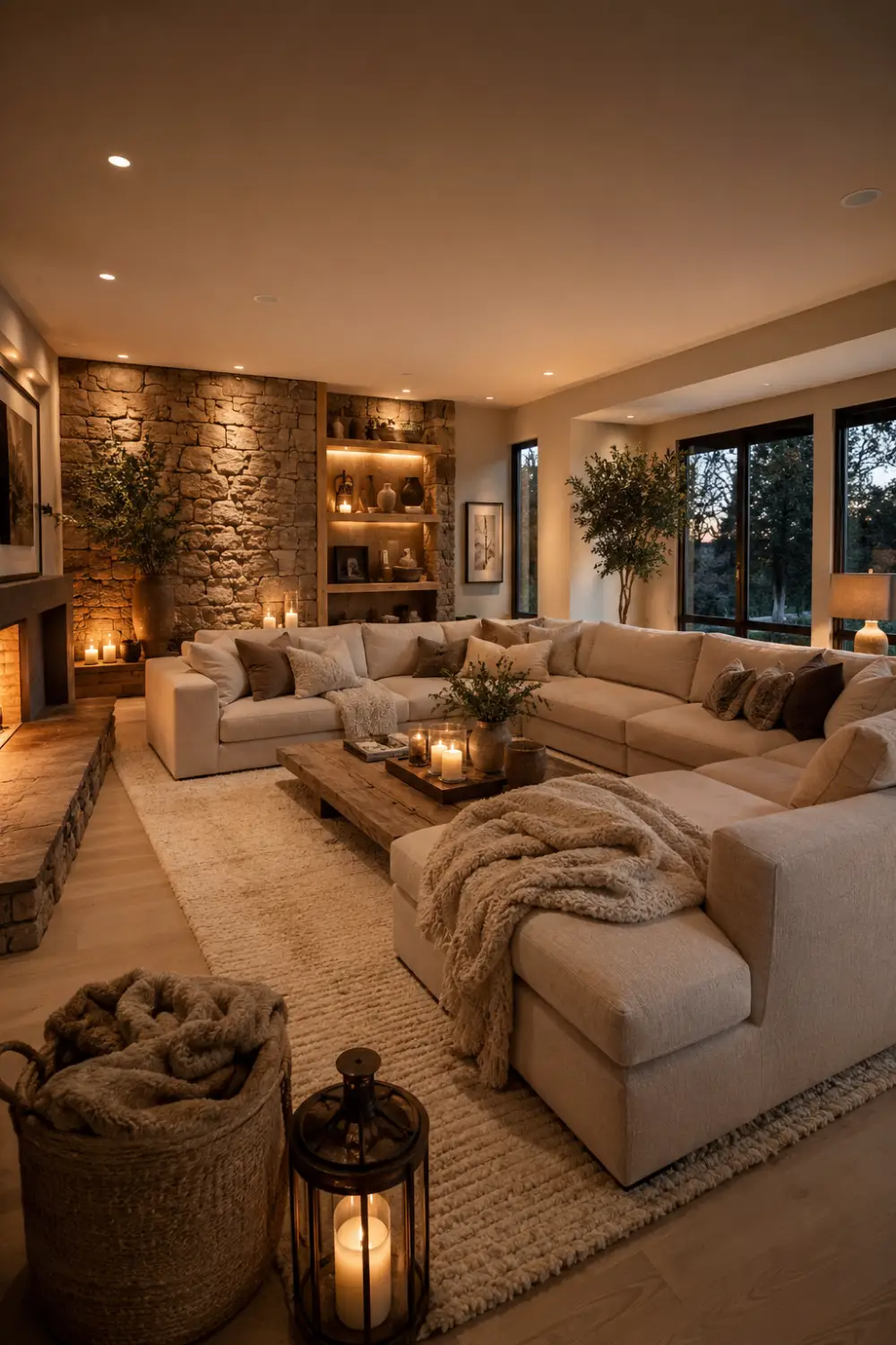 Rustic cozy stone wall living room with oversized cream sectional sofa, candles, textured rugs, warm lighting, natural wood accents, fireplace decor, and modern rustic home interior design.