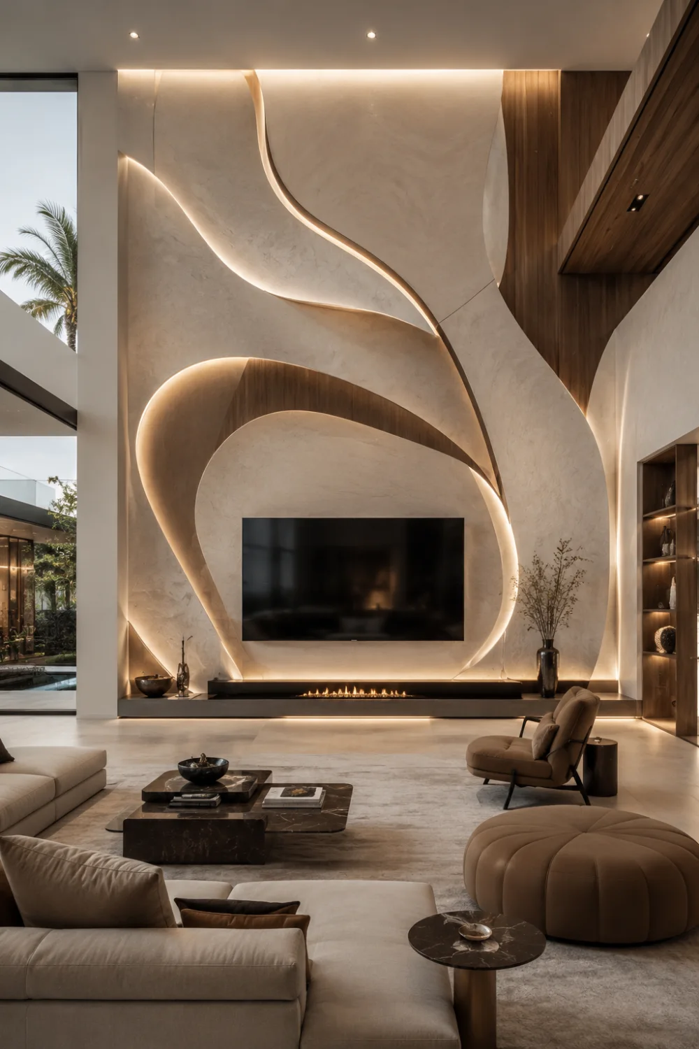 Sculptural artistic TV wall with flowing curved architectural shapes, hidden warm LED lighting, linear fireplace, and luxury modern living room interior design.