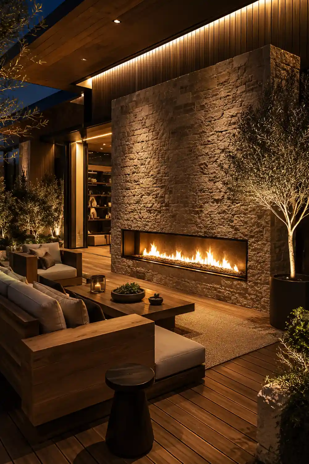Contemporary fireplace media wall with vertical wood slats, built-in TV, warm LED lighting, and luxury modern living room decor