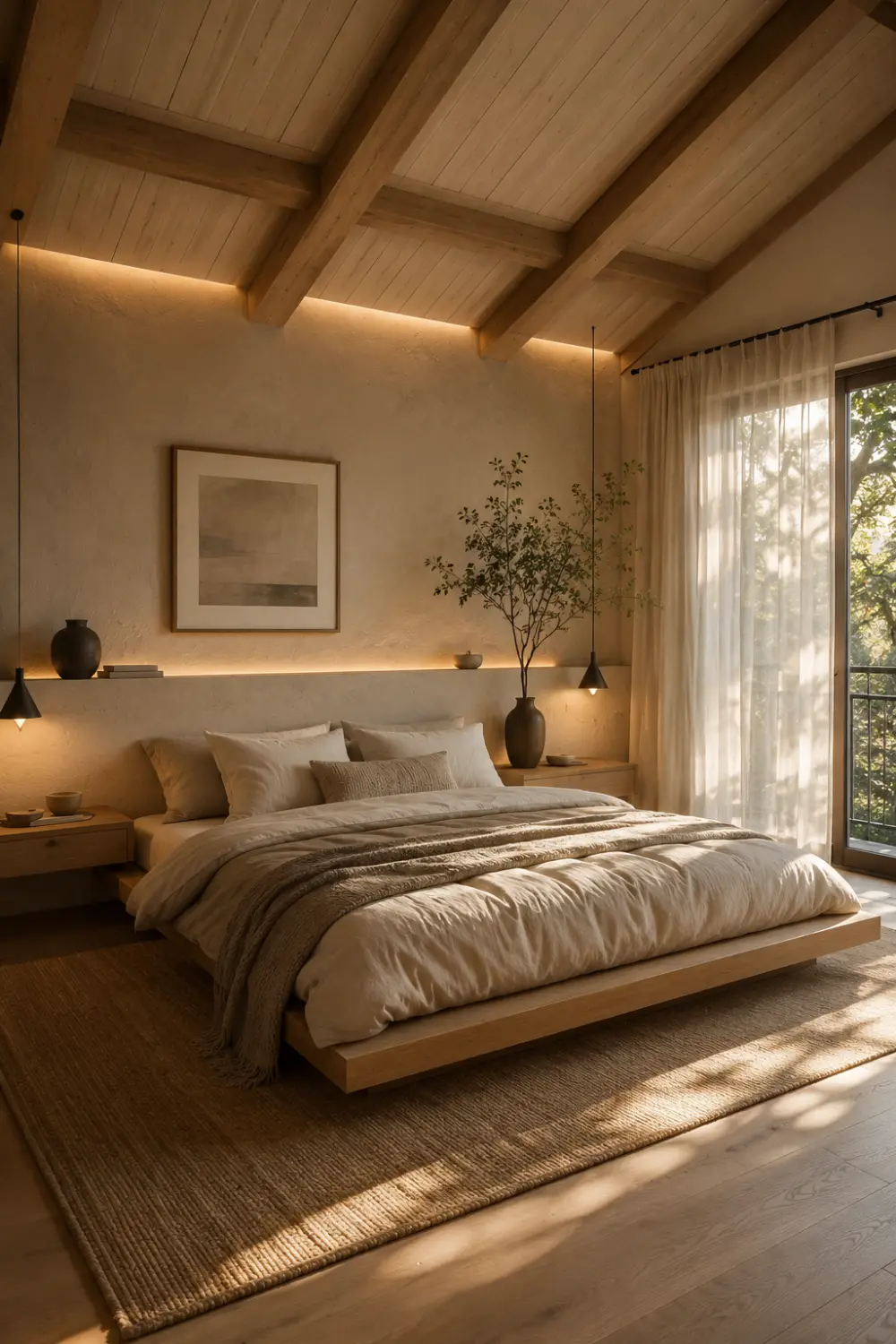 Japandi bedroom with exposed wooden ceiling beams, floating platform bed, warm LED accent lighting, textured plaster walls, soft linen bedding, and cozy minimalist natural decor.