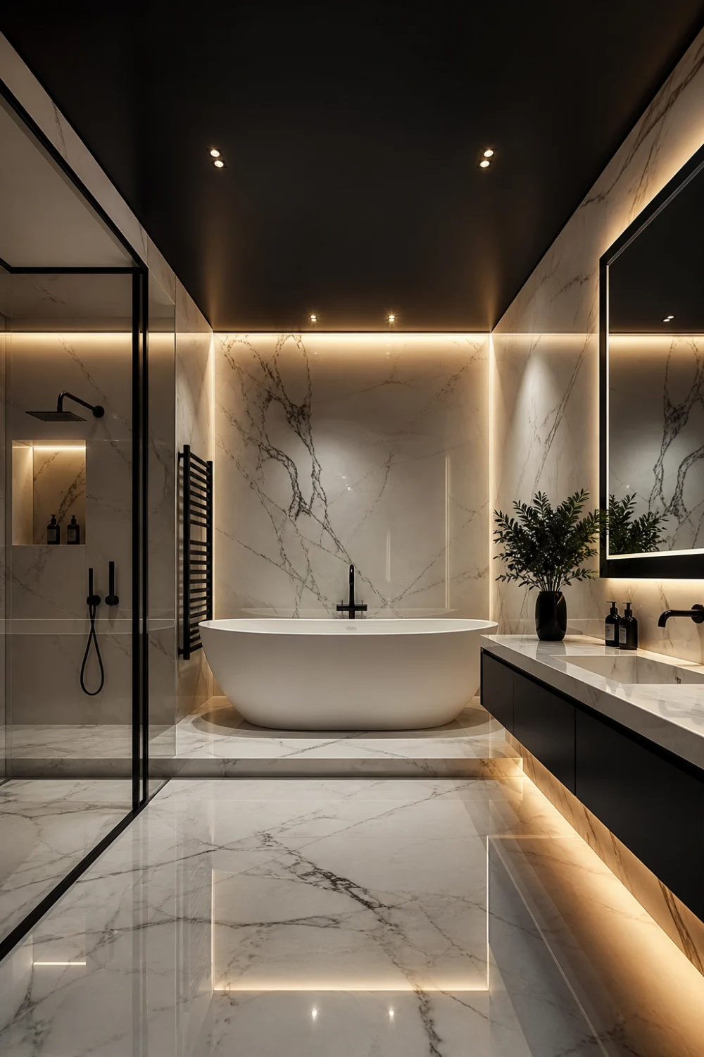 luxury black ceiling bathroom with white marble walls, freestanding bathtub, warm LED lighting, glass shower, modern elegant black and white bathroom design