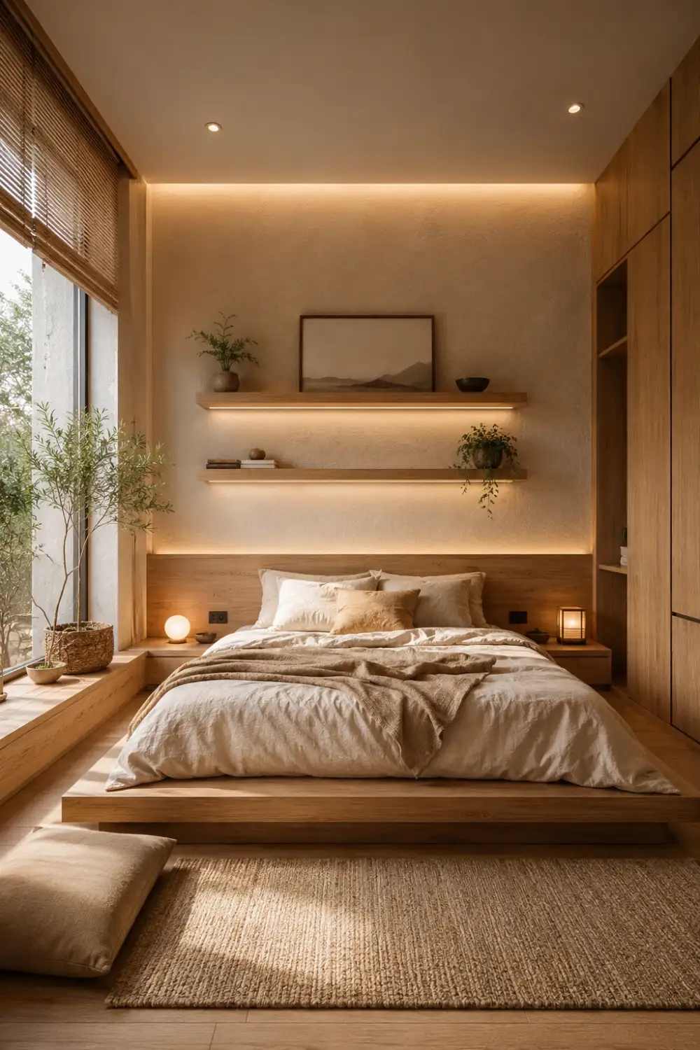 Japandi tiny bedroom with low platform bed, warm natural wood textures, floating shelves, cozy neutral bedding, soft lighting, and minimalist luxury small room inspiration.