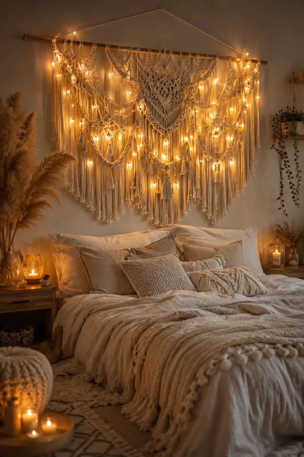 Fairy light macrame wall hanging with glowing warm lights, layered woven cotton tassels, cozy neutral bedding, candles, and soft boho bedroom decor creating a dreamy atmosphere.