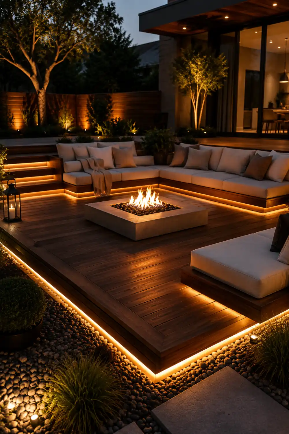 Floating deck fire pit design with rich wood decking, built-in sectional seating, glowing LED deck lighting, sleek modern fire feature, and luxury backyard landscaping at night.
