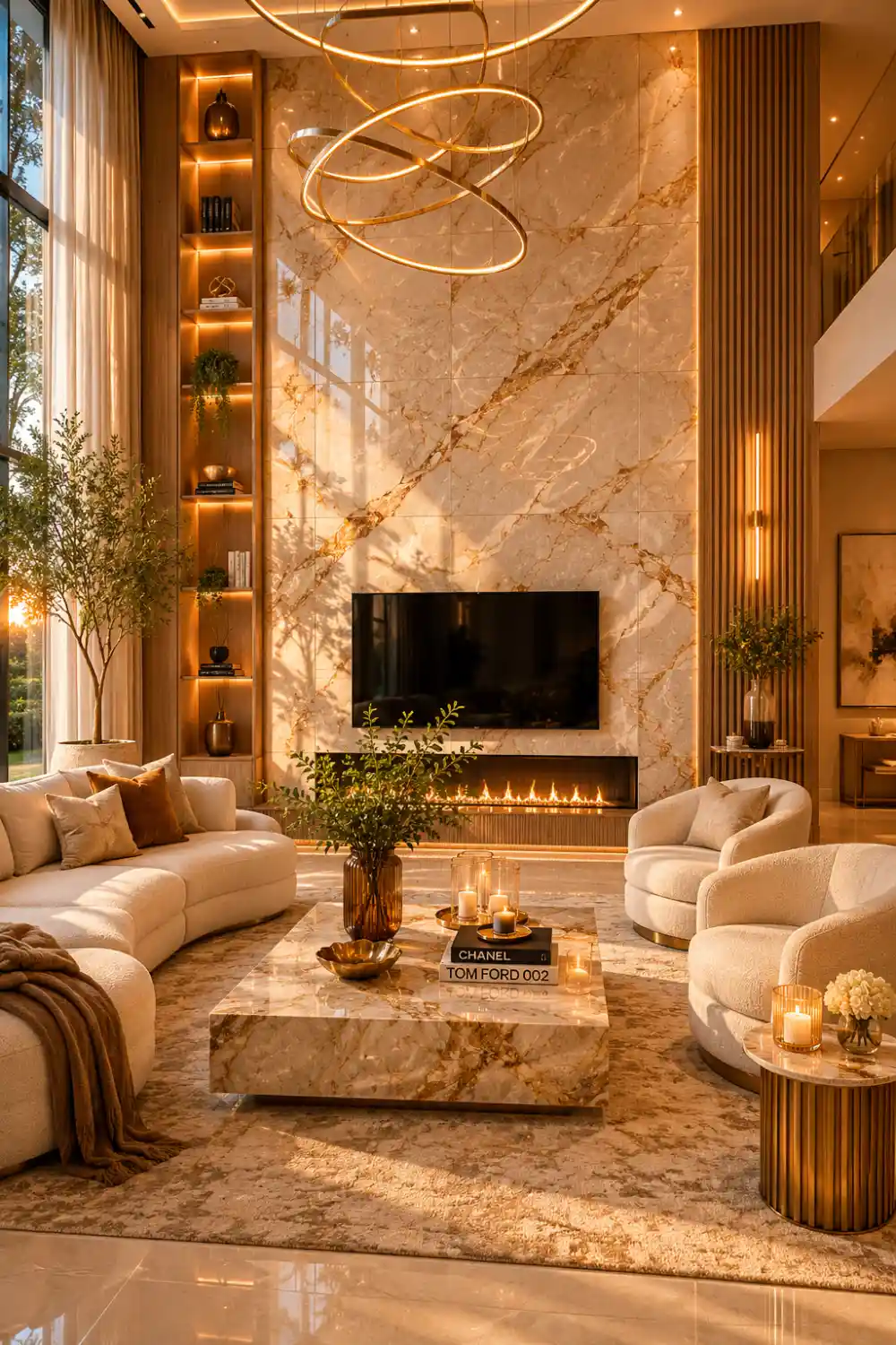 Luxury living room with dramatic beige marble feature wall, modern fireplace, gold lighting fixtures, curved cream furniture, marble coffee table, warm ambient lighting, and elegant high-end interior styling.