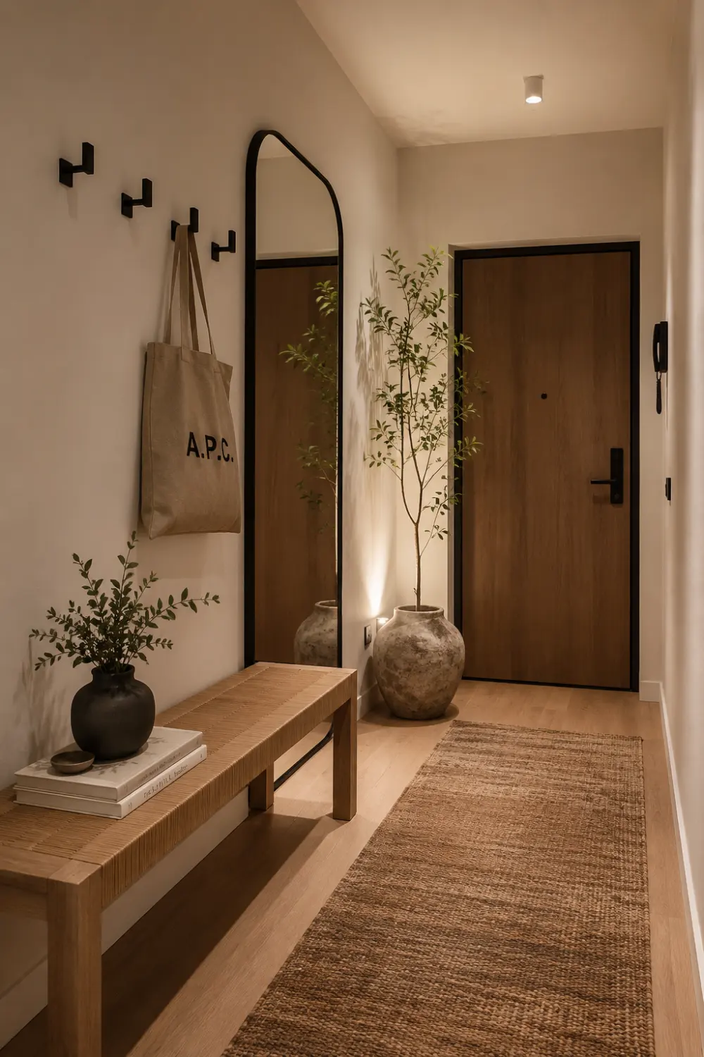 Modern apartment entryway with wooden bench, textured runner rug, oversized mirror, warm lighting, neutral decor, black wall hooks, indoor plant, and cozy Pinterest-inspired hallway styling perfect for stylish rental apartment inspiration.