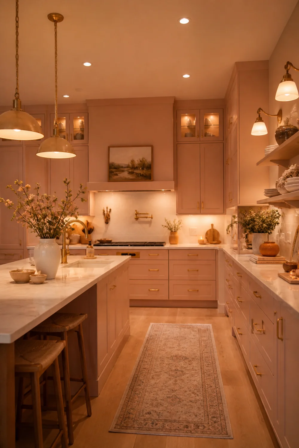 cozy peach kitchen with classic cabinets, marble countertop, brass handles, pendant lights, warm ambient lighting, traditional modern kitchen style