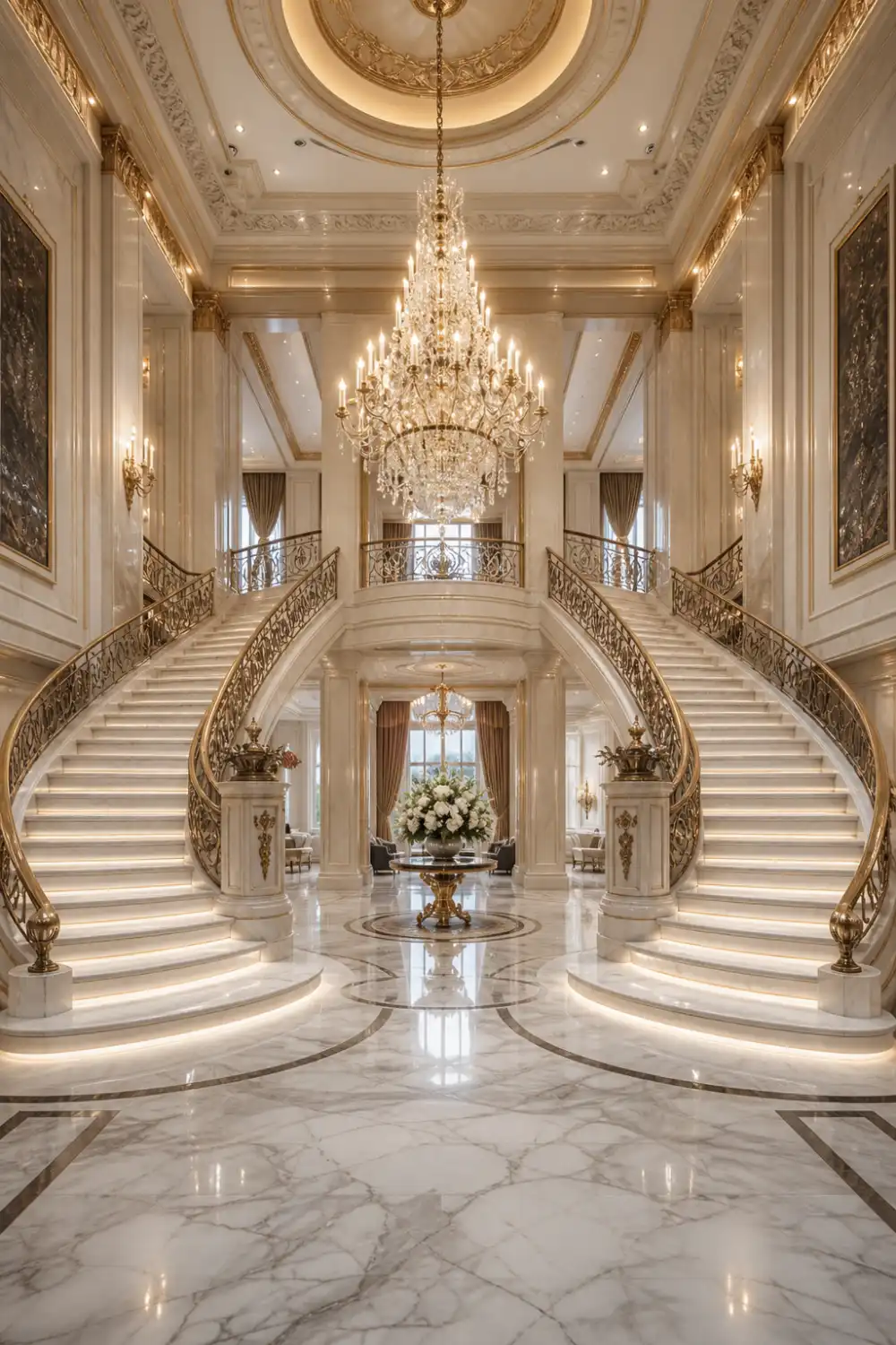 grand double staircase with marble steps, gold railings, large chandelier, luxury palace style interior design