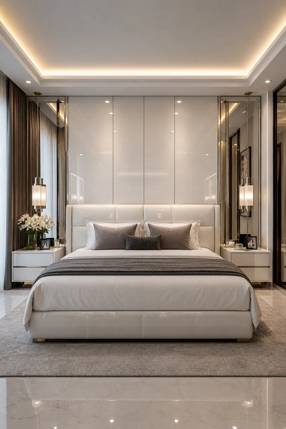 high gloss panel headboard modern bedroom reflective wall sleek design bright luxury bed setup minimal elegant bedroom decor