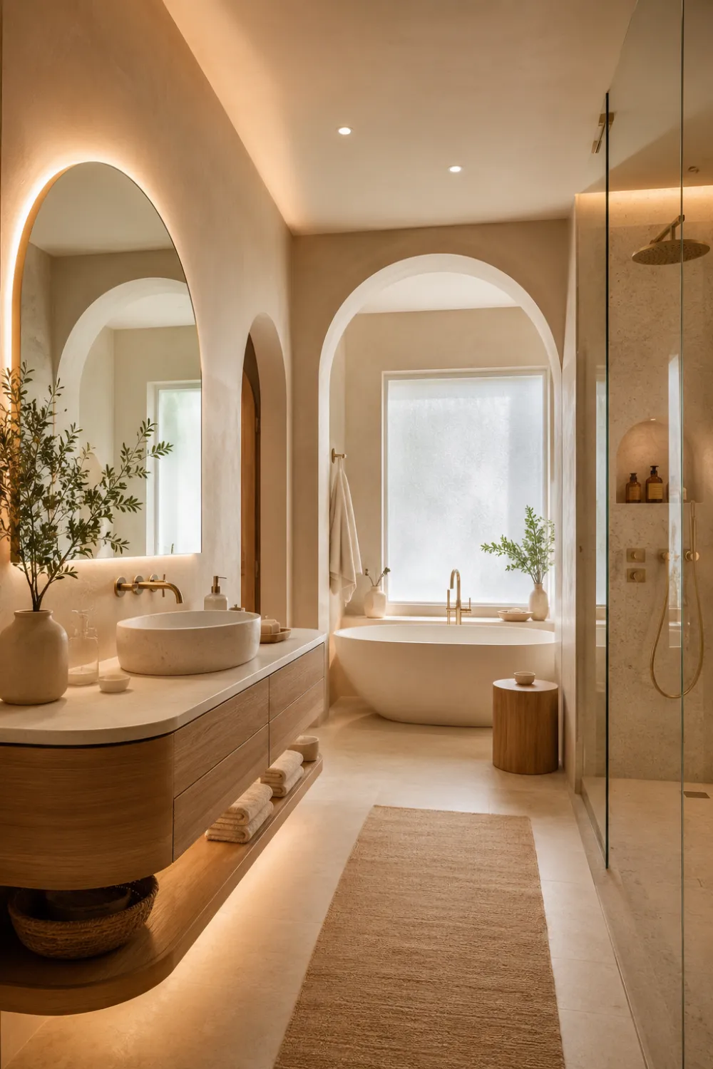 Soft arch Japandi bathroom with curved wood vanity, arched doorway details, glowing backlit mirror, freestanding bathtub, creamy stone finishes, warm neutral palette, and elegant minimalist spa-inspired decor.
