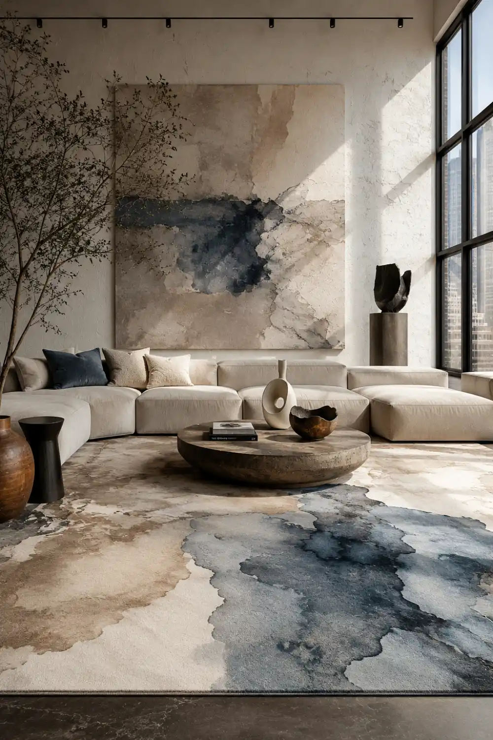 Modern living room with abstract watercolor rug, neutral sectional sofa, oversized artwork, textured walls, natural lighting, and elegant contemporary interior decor with artistic styling.