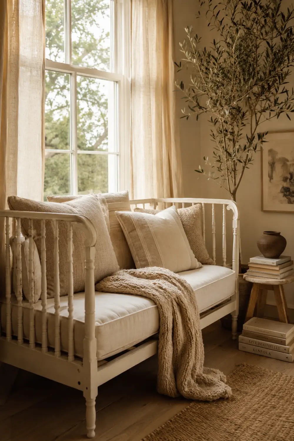 Vintage baby crib repurposed into a cozy reading bench with cream cushions, knitted throw blanket, neutral decor, books, and soft cottagecore room styling near large windows.