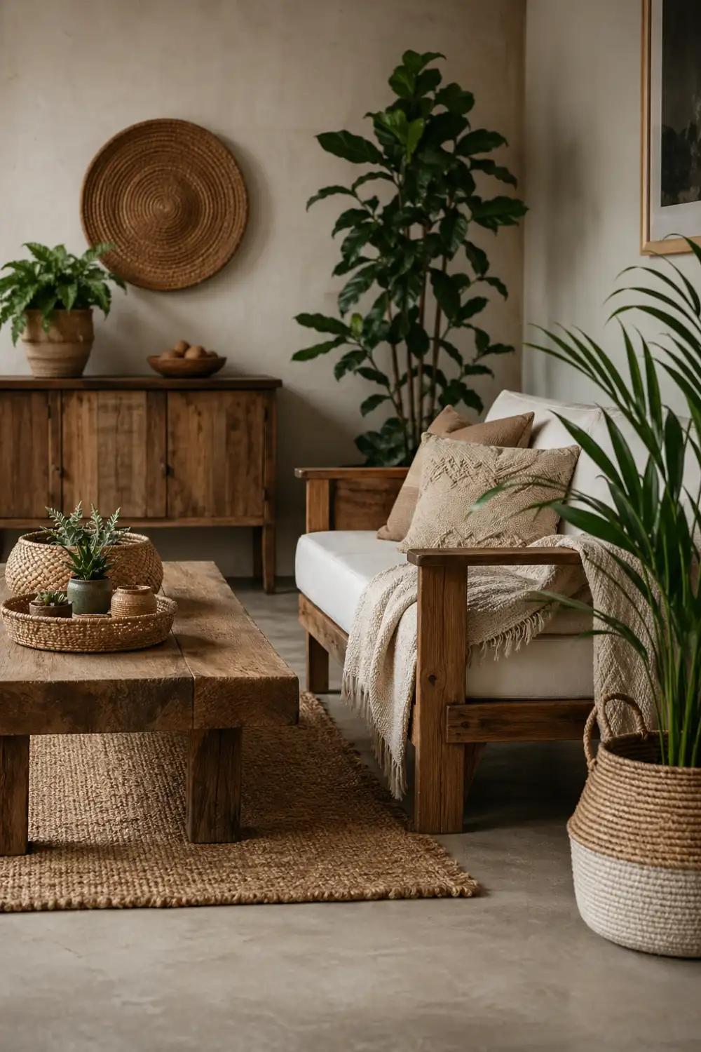 sustainable home decor natural wood furniture woven textures indoor plants eco friendly aesthetic living room