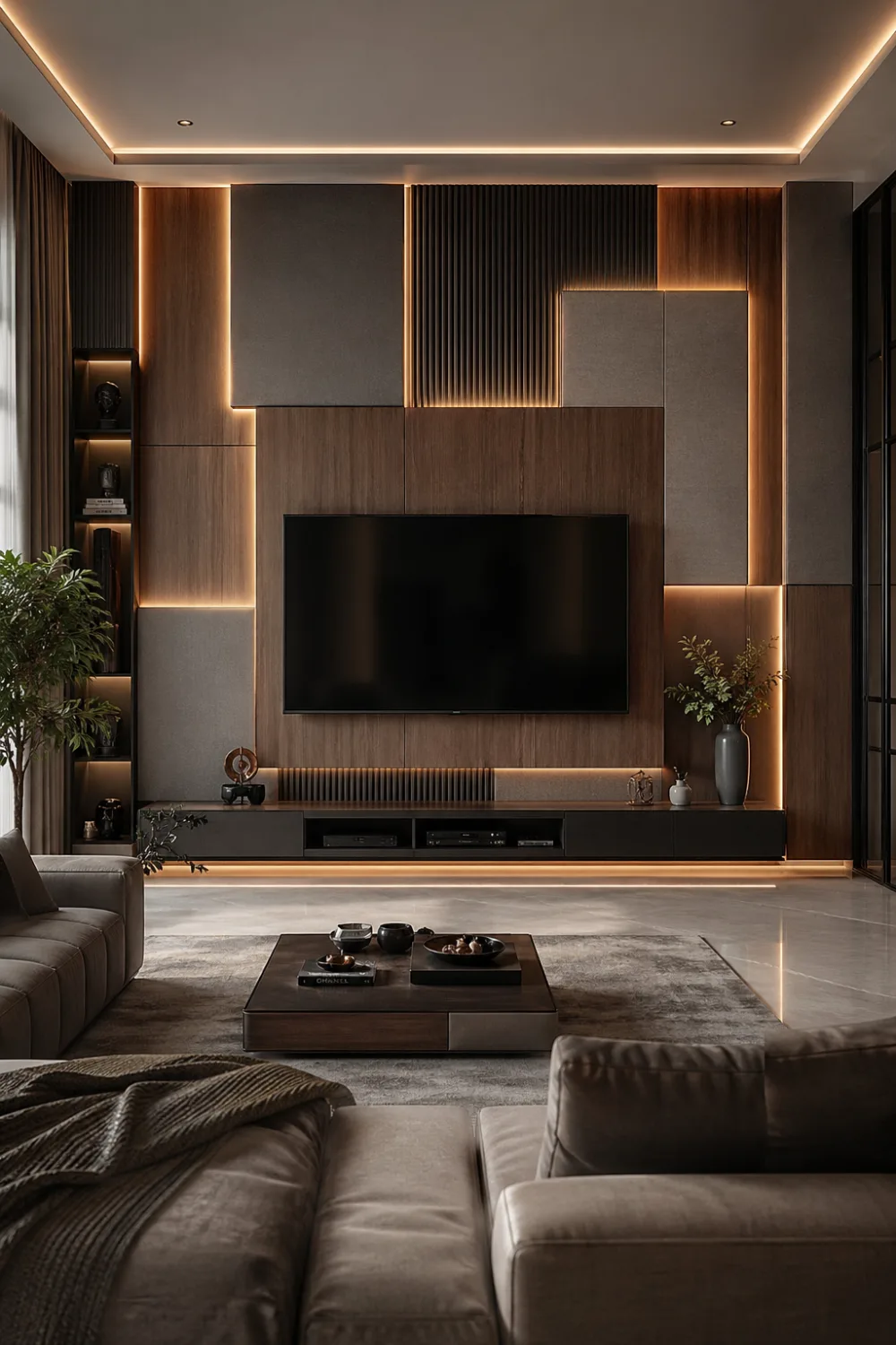 layered wood and acoustic panel 3D TV wall with vertical slats and LED accents, modern living room interior with warm lighting and textured design