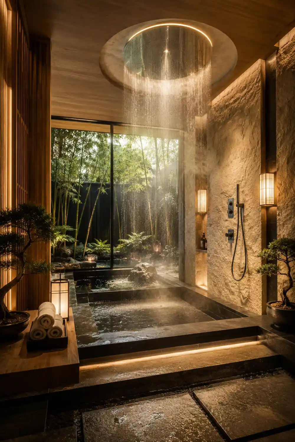 Japanese zen rain shower sanctuary with bamboo garden views, natural stone walls, soft lantern lighting, oversized rainfall shower, and luxury spa decor.