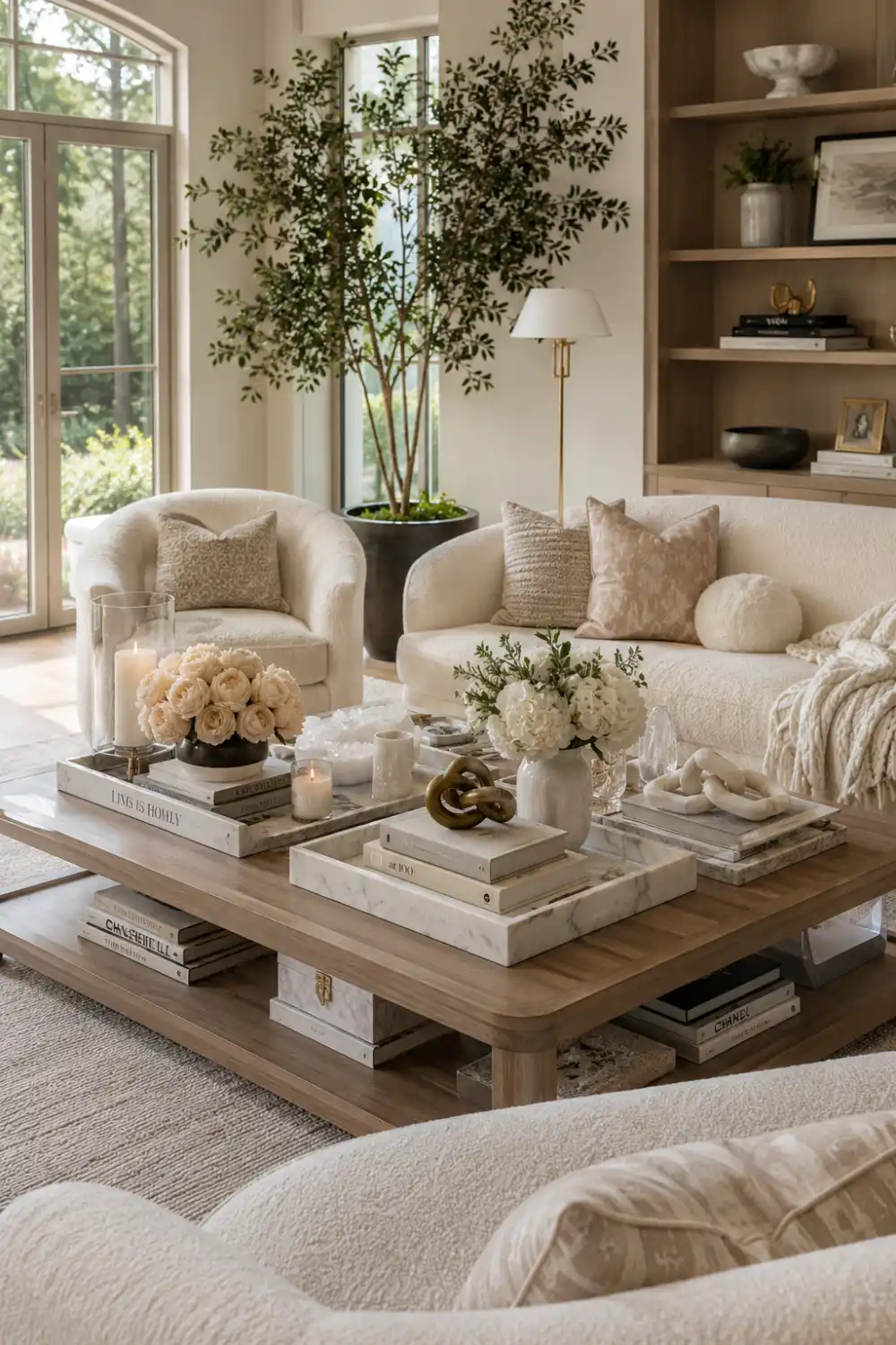 Elegant layered coffee table styling inside a bright luxury living room featuring marble trays, sculptural decor, candles, floral arrangements, stacked books, and warm wood textures. Cream seating, large windows, and natural greenery create a timeless Pinterest-inspired designer aesthetic.