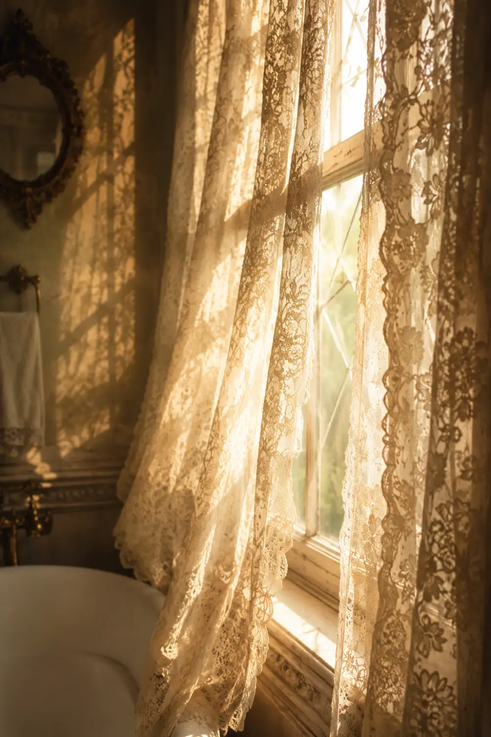 Soft lace bathroom curtains glowing in warm sunlight with vintage window details, romantic shadows, antique decor, and cozy old-world bathroom atmosphere.