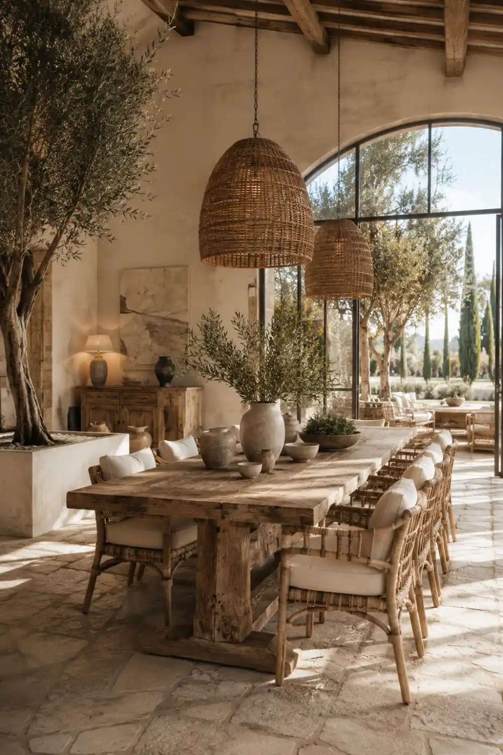 Rustic Mediterranean dining room with reclaimed wood dining table, woven dining chairs, oversized woven pendant lights, olive trees, stone flooring, arched windows, earthy pottery decor, warm sunlight, neutral textures, and luxurious Mediterranean farmhouse interior styling.