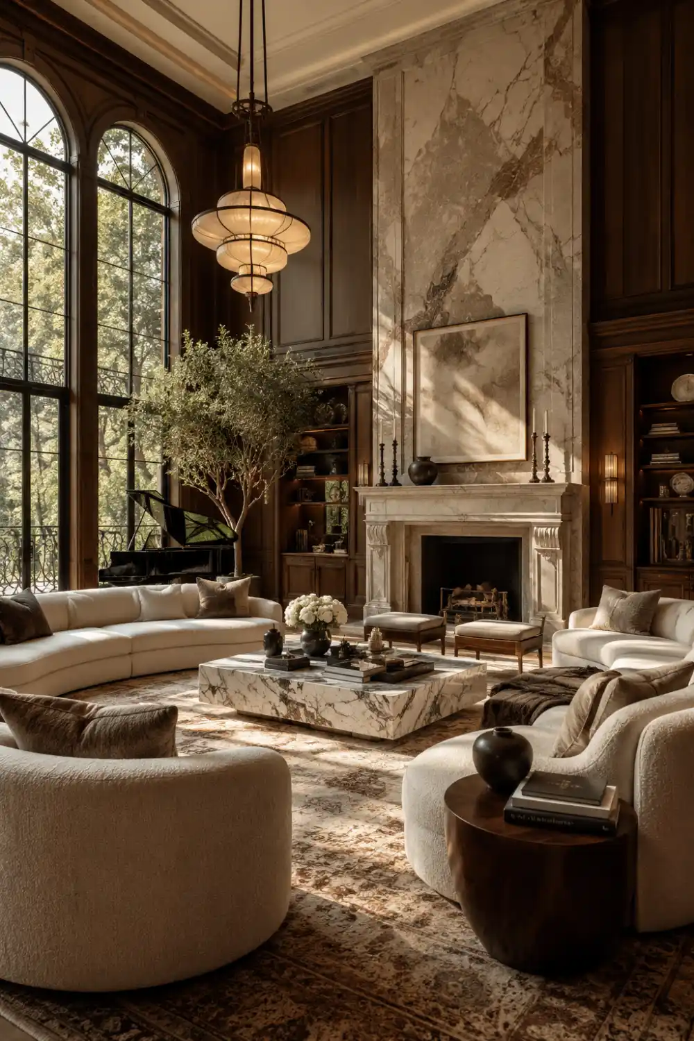 Ultra luxury old wealth living room with arched windows, marble fireplace wall, walnut paneling, curved cream sofas, designer lighting, layered rugs, warm sunlight, and timeless high-end quiet luxury interior design.