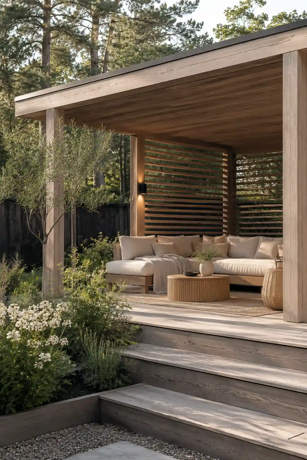Scandinavian style gazebo with soft wood finishes, neutral sectional seating, slat privacy walls, layered greenery, and minimalist modern backyard landscaping.