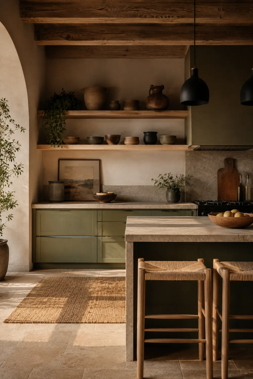 Olive green kitchen cabinets with natural wood shelving, stone countertops, woven seating, and earthy modern rustic decor