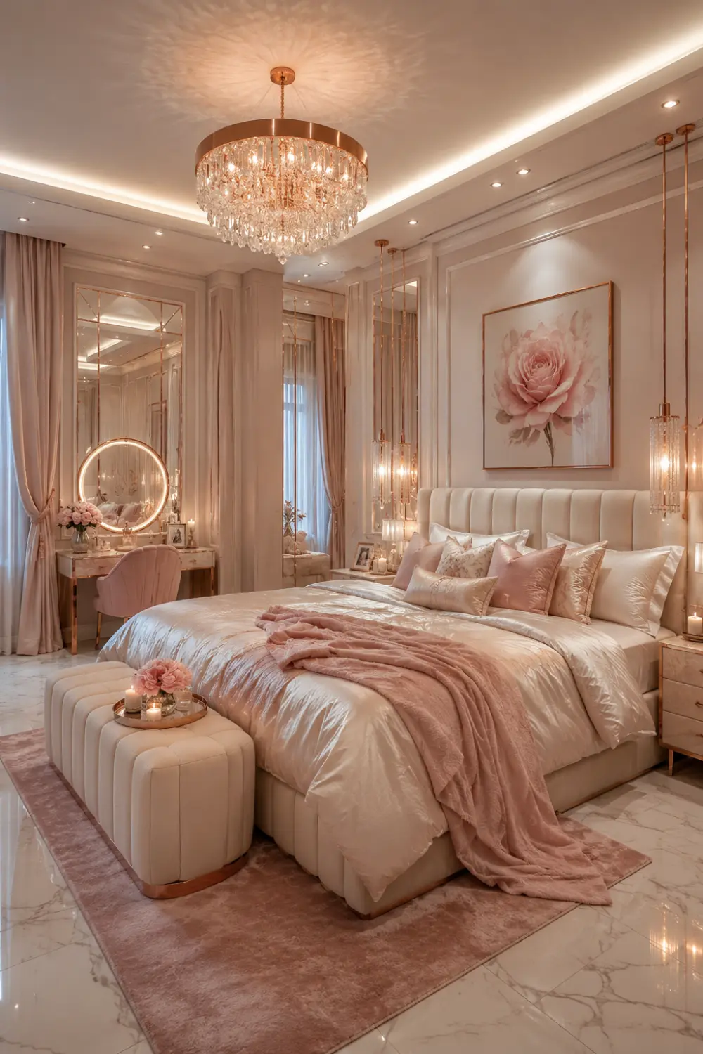 Rose gold feminine romantic bedroom with blush bedding, crystal chandelier, glowing pendant lights, vanity mirror setup, marble flooring, plush textures, and elegant modern glam decor.