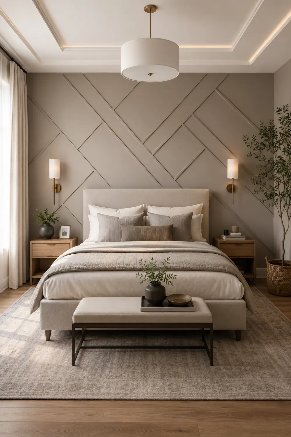 Modern neutral bedroom with geometric wall molding feature wall, soft greige tones, minimalist decor, warm wood furniture, elegant bedding, contemporary lighting, clean interior styling, and cozy luxury bedroom inspiration.