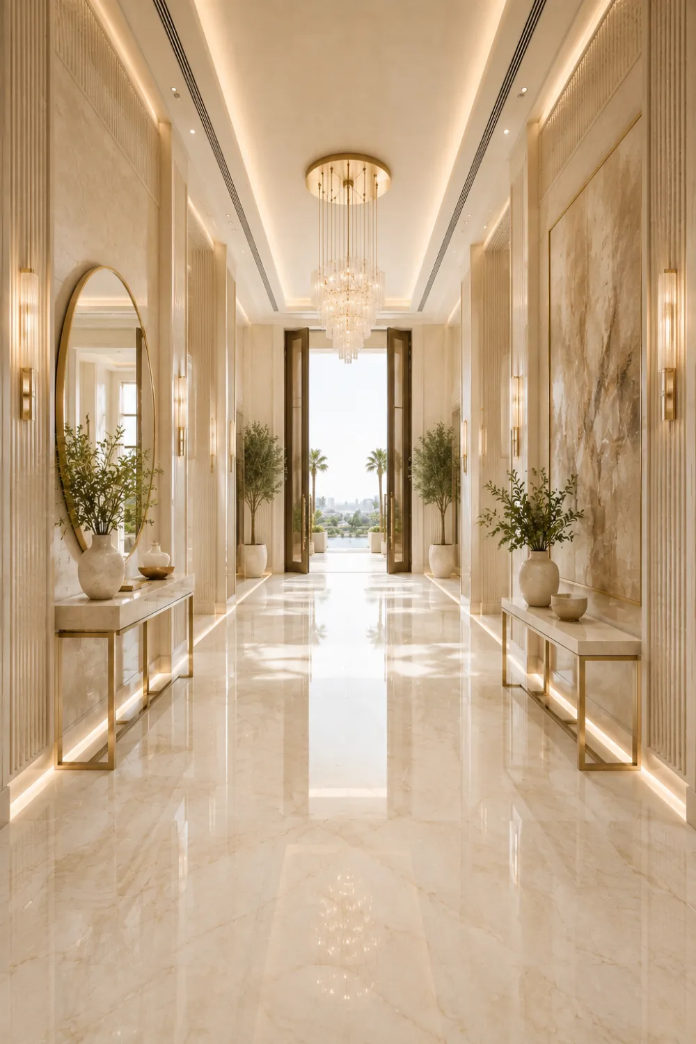 Symmetrical luxury entry hallway with crystal chandelier, textured wall panels, glossy marble flooring, gold accents, oversized mirrors, soft LED lighting, and elegant modern foyer interior.