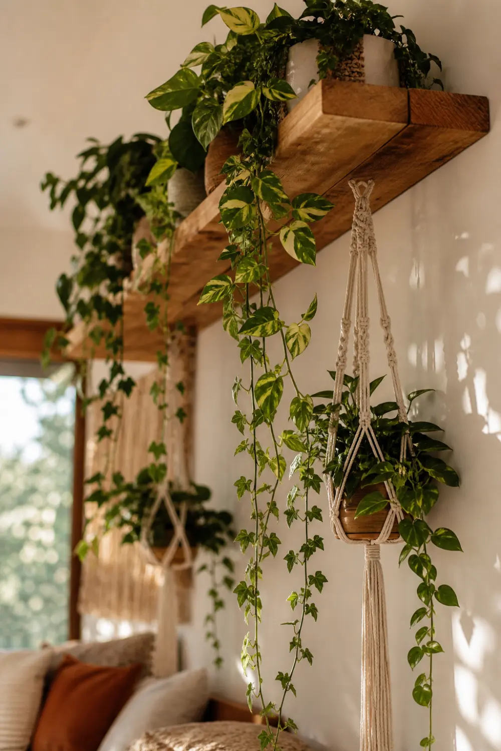 floating shelf with hanging plants boho wall decor wooden shelf greenery macrame plant hanger cozy modern interior DIY shelf ideas