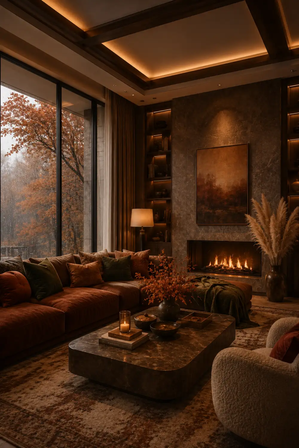 Rich earth tone living room with cozy fireplace, rust and brown sectional sofa, warm ambient lighting, marble coffee table, textured decor, and elegant autumn luxury interior styling.