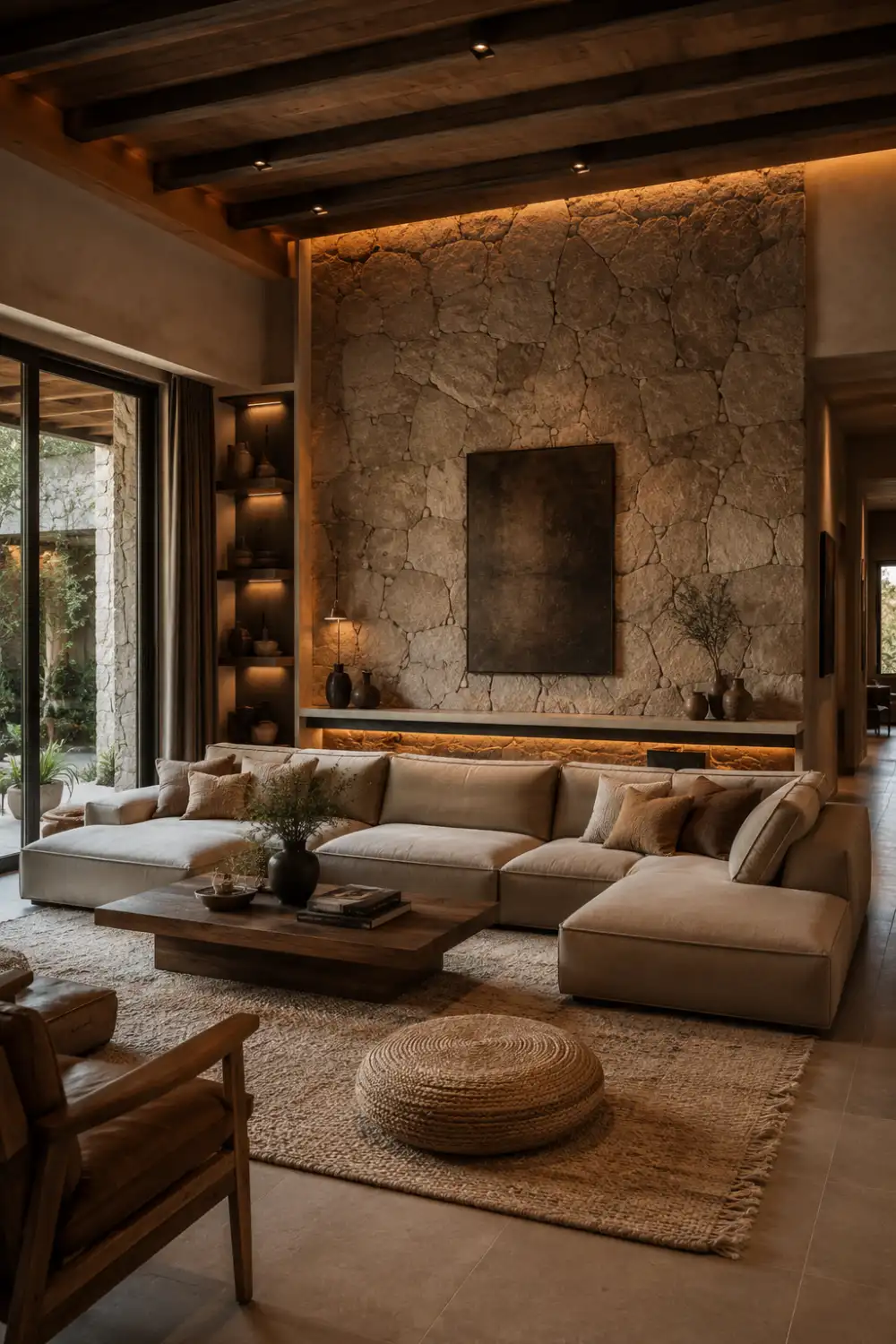 Warm earthy living room with large stone accent wall, neutral sectional sofa, wood ceiling beams, woven rug, ambient lighting, organic textures, and cozy luxury modern interior styling.