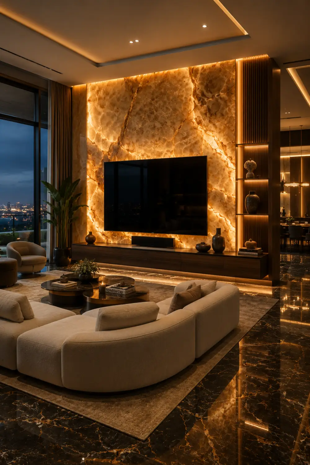 Luxury glowing onyx TV wall with illuminated golden stone panels, floating walnut media console, marble flooring, and elegant modern penthouse living room decor.