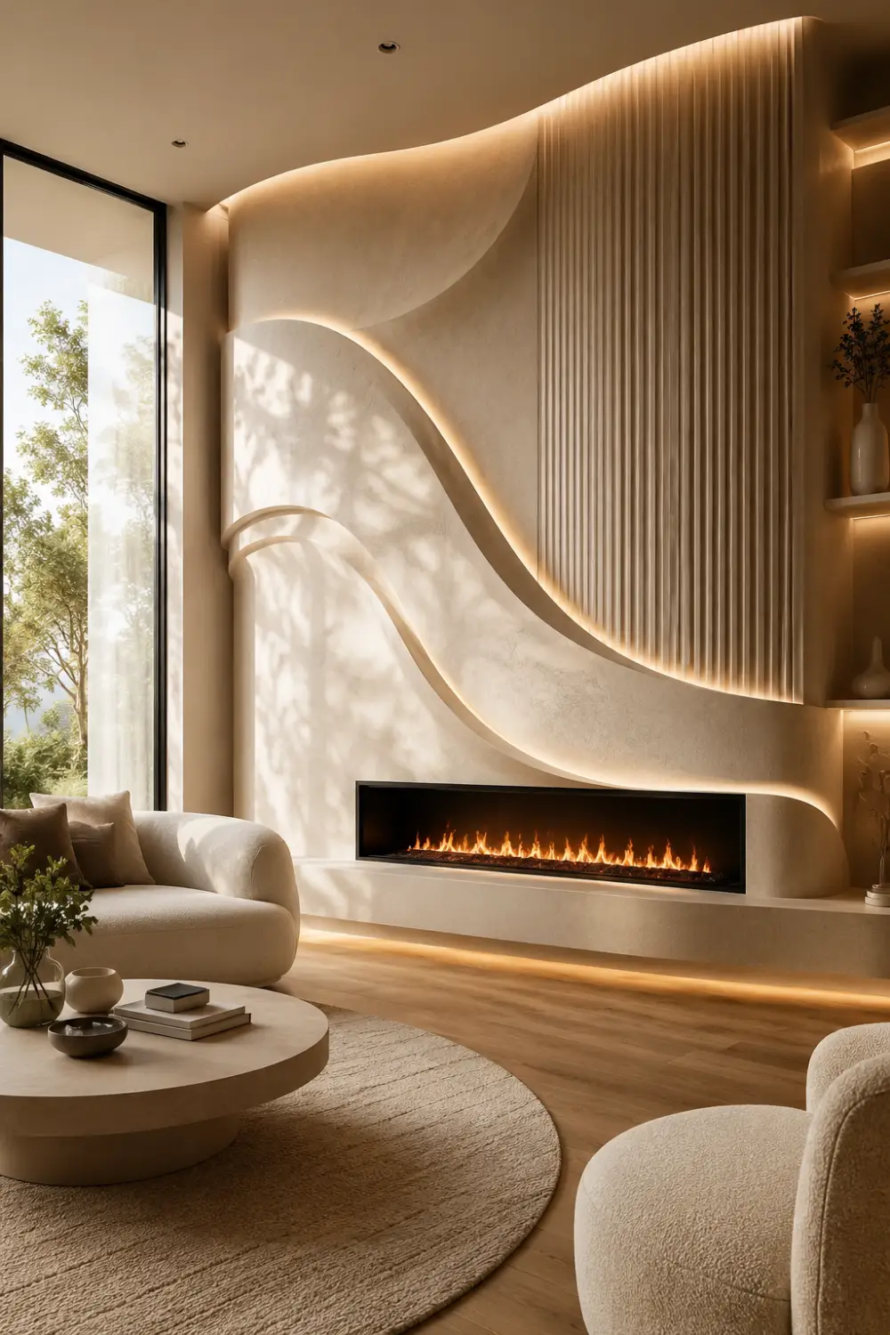 Curved 3D fireplace feature wall with flowing textures, hidden LED lighting, neutral decor, and elegant organic modern living room styling