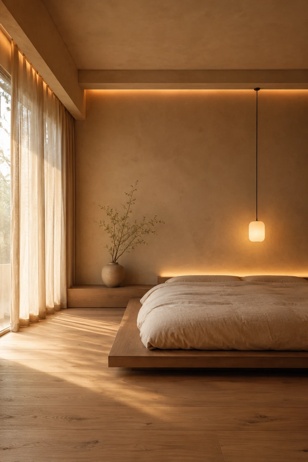 Ultra minimal Japandi bedroom with low wooden platform bed, warm hidden LED lighting, sheer curtains, textured plaster walls, soft neutral bedding, and calming Zen-inspired decor.