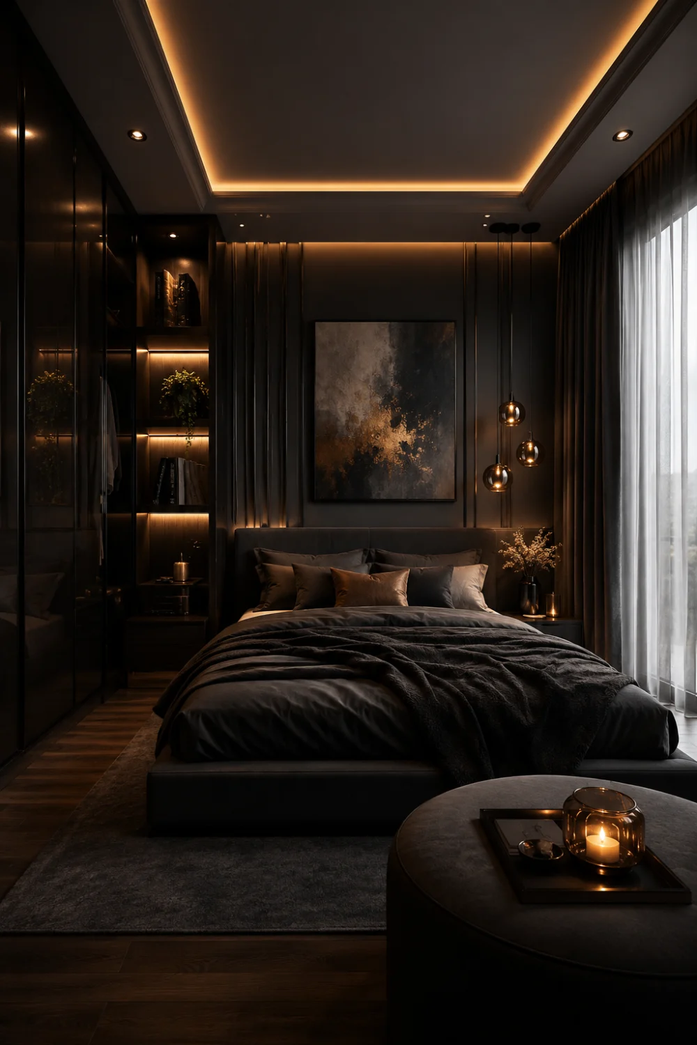 Luxury dark tiny bedroom with black wall panels, warm hidden LED lighting, cozy dark bedding, bronze accents, and modern moody apartment decor inspiration.