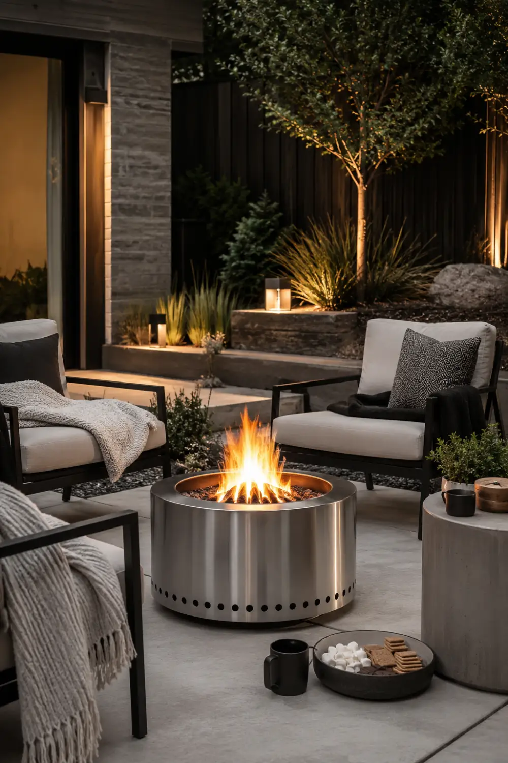 Modern smokeless fire pit setup with sleek stainless steel fire feature, neutral outdoor chairs, textured blankets, warm landscape lighting, and minimalist contemporary backyard patio.