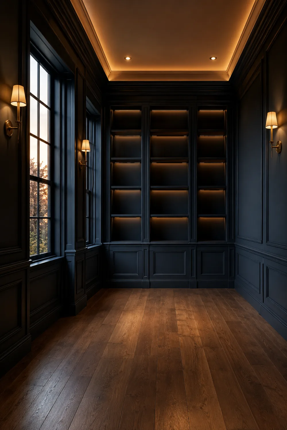 Dark ink blue library room with built-in shelves, warm lighting, wood floors, and luxurious moody interior design inspiration.
