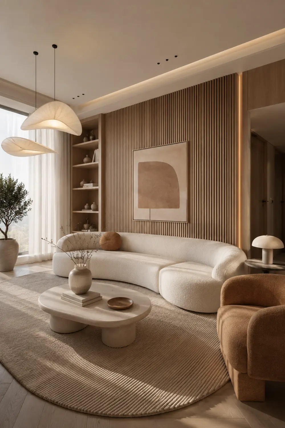 Modern luxury living room with fluted wood panel walls, curved cream sofa, sculptural lighting, earthy neutral decor, textured rug, and warm minimalist interior styling with elegant architectural details.