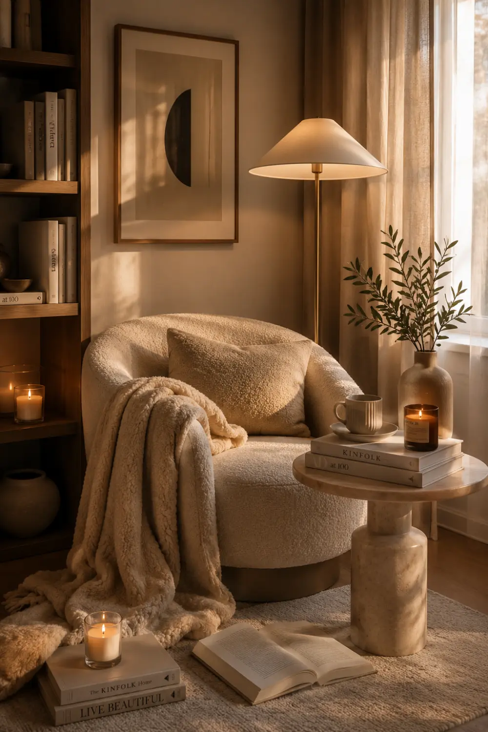 Cozy apartment reading nook with boucle accent chair, warm floor lamp, candles, soft blanket, marble side table, books, neutral decor, and relaxing Pinterest-inspired apartment styling creating a peaceful modern home atmosphere.