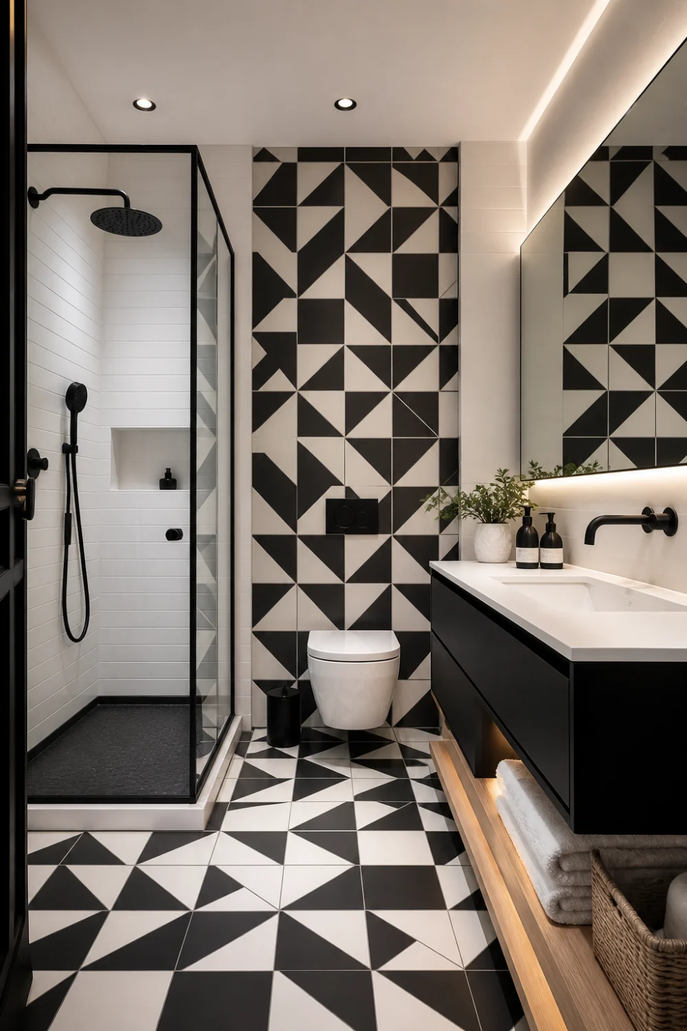 geometric black and white bathroom with patterned tiles, modern vanity, glass shower, bold wall design, contemporary bathroom interior with high contrast