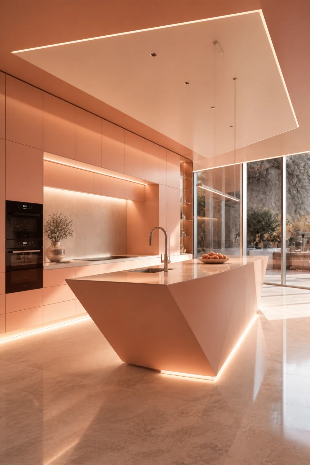 ultra modern peach kitchen with geometric island, hidden lighting, glossy floor, minimalist cabinetry, futuristic kitchen interior design