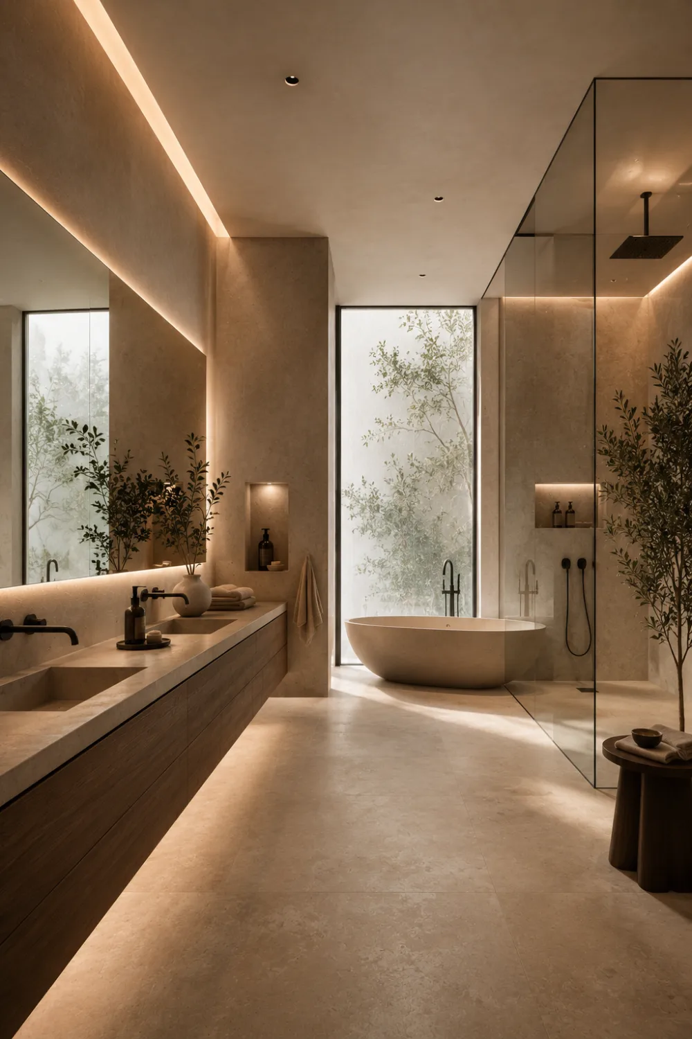 Ultra modern Japandi bathroom with floating wood vanity, frameless glass shower, seamless beige finishes, freestanding soaking tub, hidden LED lighting, large windows, and luxurious minimalist spa-inspired interior decor.