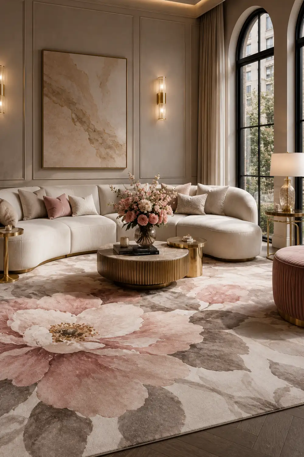 Elegant living room with oversized floral rug, curved cream sofa, gold coffee table, blush pink accents, luxury decor styling, and soft feminine contemporary interior inspiration.